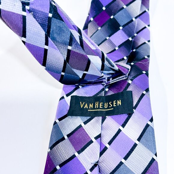 VAN HEUSEN Purple, Black & Silver Plaid Silk Tie * - Picture 5 of 5